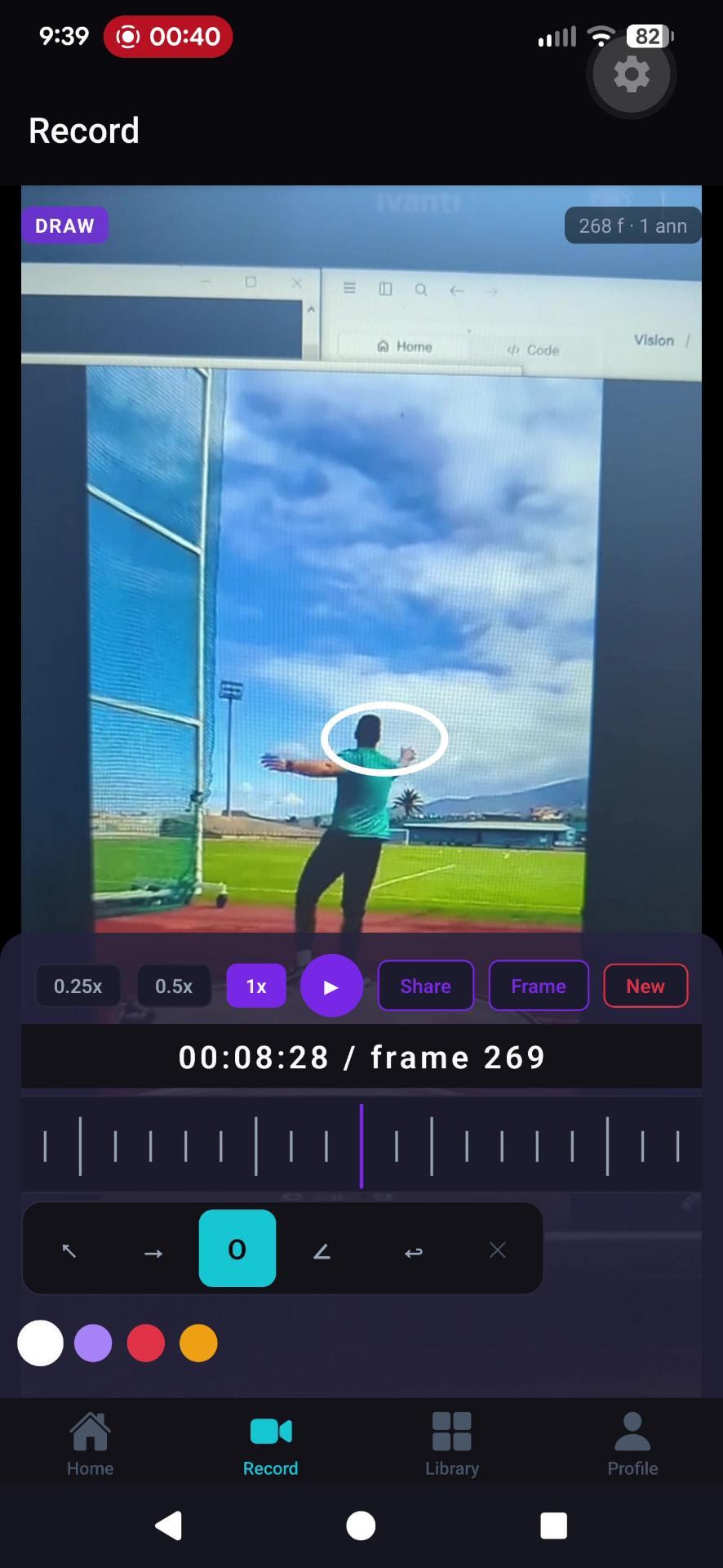 TKNIQ frame-by-frame annotation screen with a drawn circle on the athlete