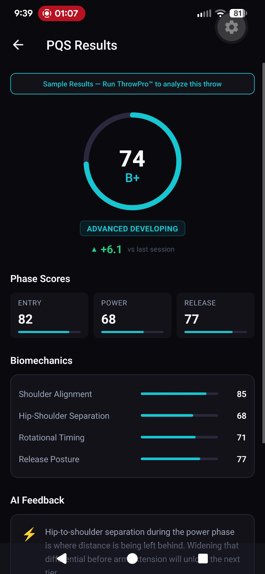 TKNIQ results screen showing a technique score, phase scores and AI feedback
